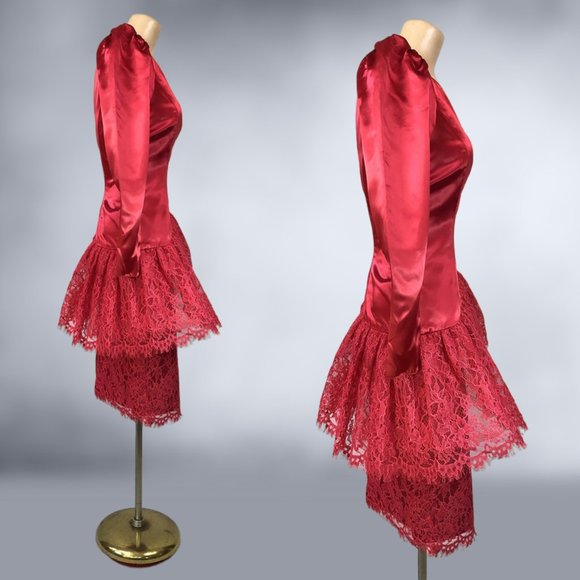 Vintage 80s Red Satin and Lace Peplum Cocktail Party Dress by Sylvia Ann Size 8 - Picture 5 of 10